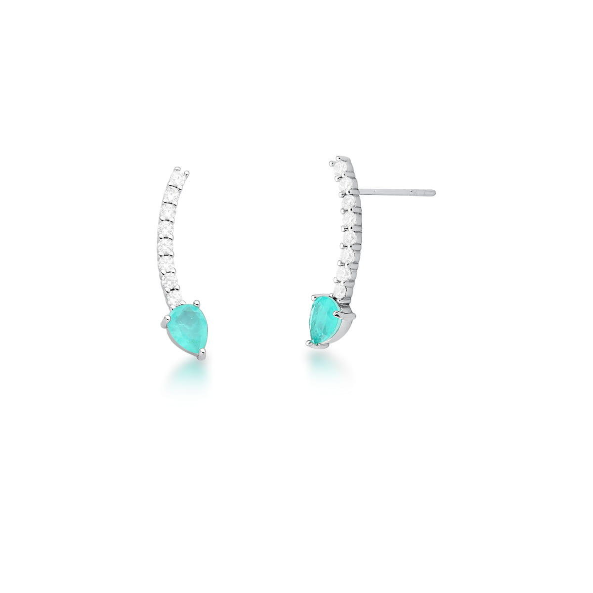 Brinco ear cuff gota esmeralda colombiana com linha cristal em ródio branco