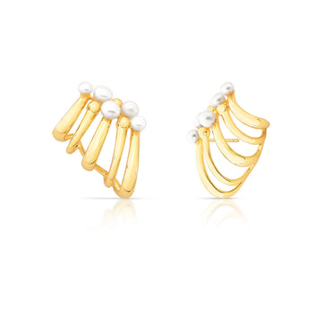 Brinco ear cuff linhas e pérolas dourado