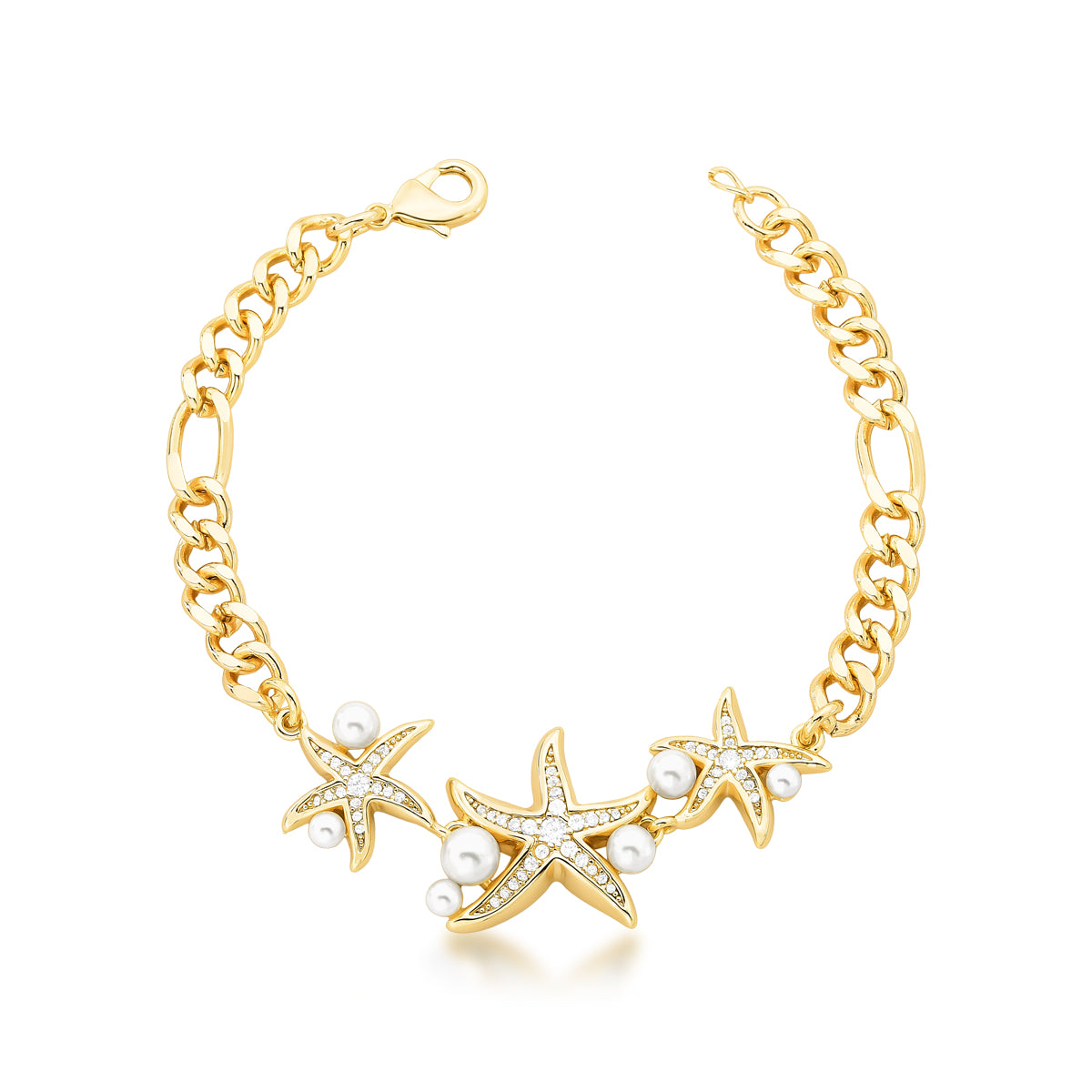 Pulseira elos estrelas e pérolas dourada