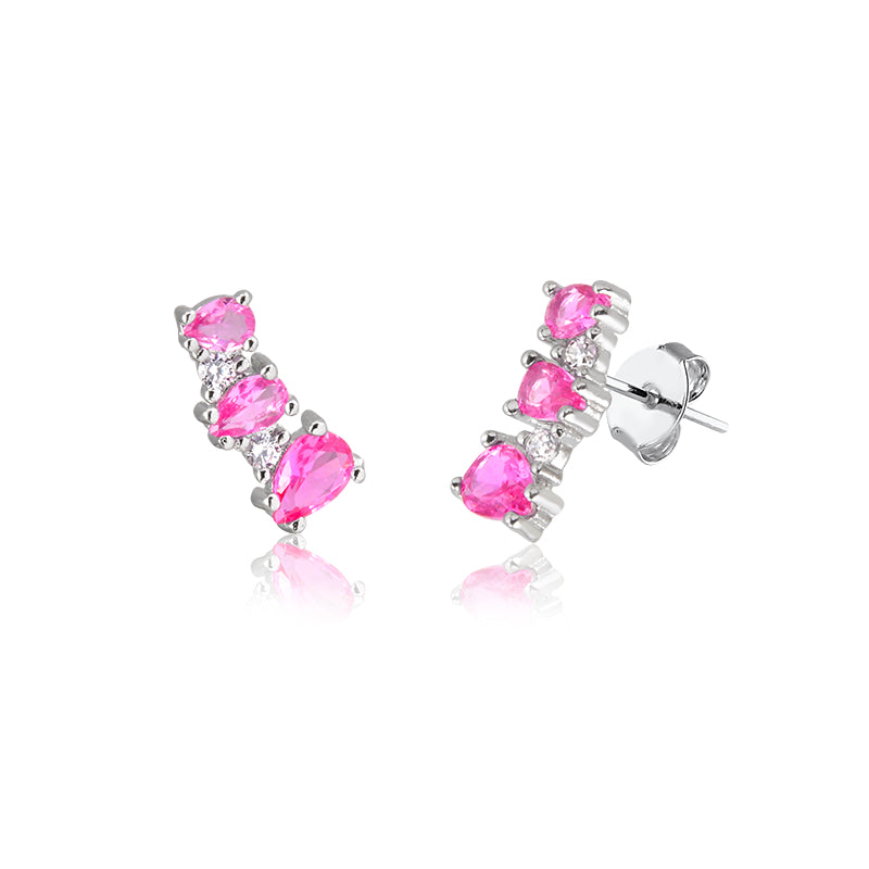 Brinco mini ear cuff 3 gotas turmalina rosa em ródio branco