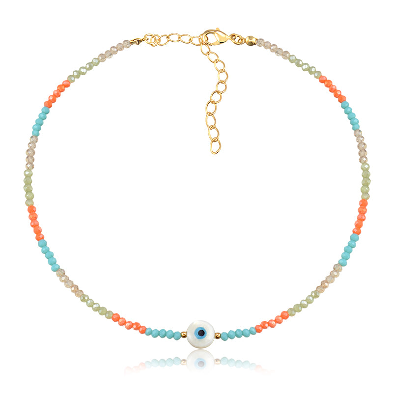 Colar choker cristais coloridos com turquesa e olho grego oval