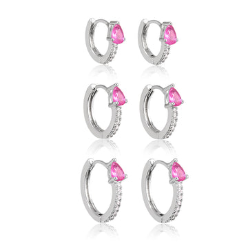 Trio de brinco argolinhas gota pink com banho de ródio branco