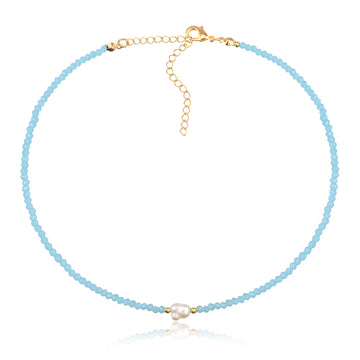 Colar choker cristais azul com pérola