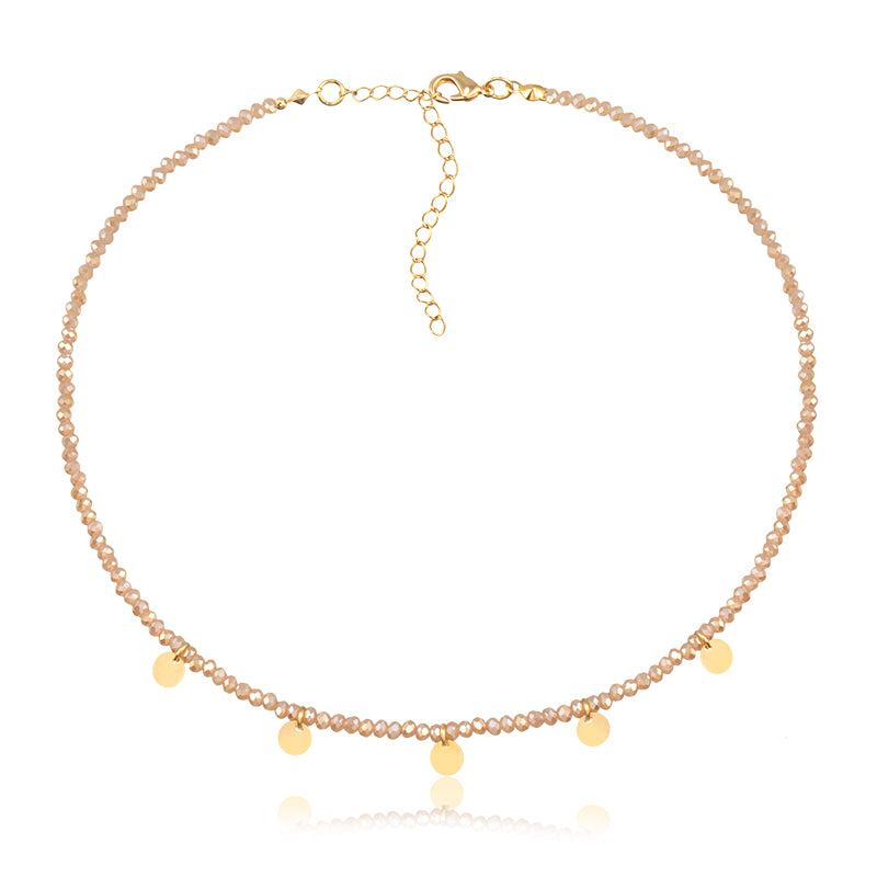 Colar choker cristais champagne com medalhas