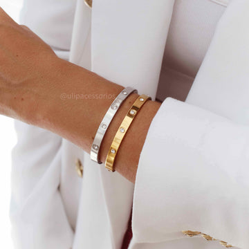 Pulseira bracelete aço com pontos de luz dourado