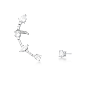 Brinco ear cuff assimétrico cristal luxo em ródio branco