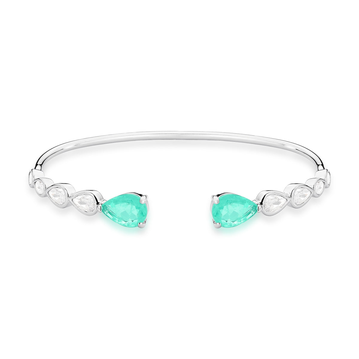 Pulseira bracelete aberto gotas cristais e esmeralda colombiana em ródio branco